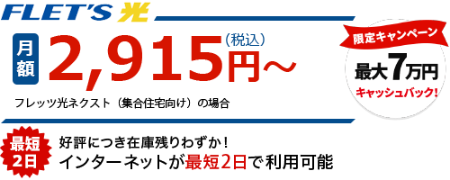 FLET'Sひかり月額2,915円～（フレッツ光ネクスト（集合住宅向け）の場合）・最短2日でネットが使える・最大7万円キャッシュバック